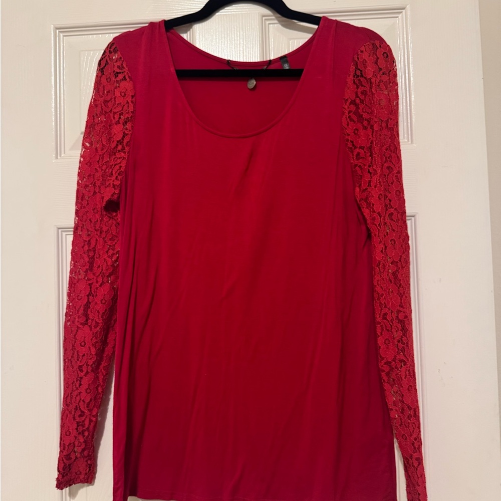 Buckle Red Lace Sleeve Women's Top
